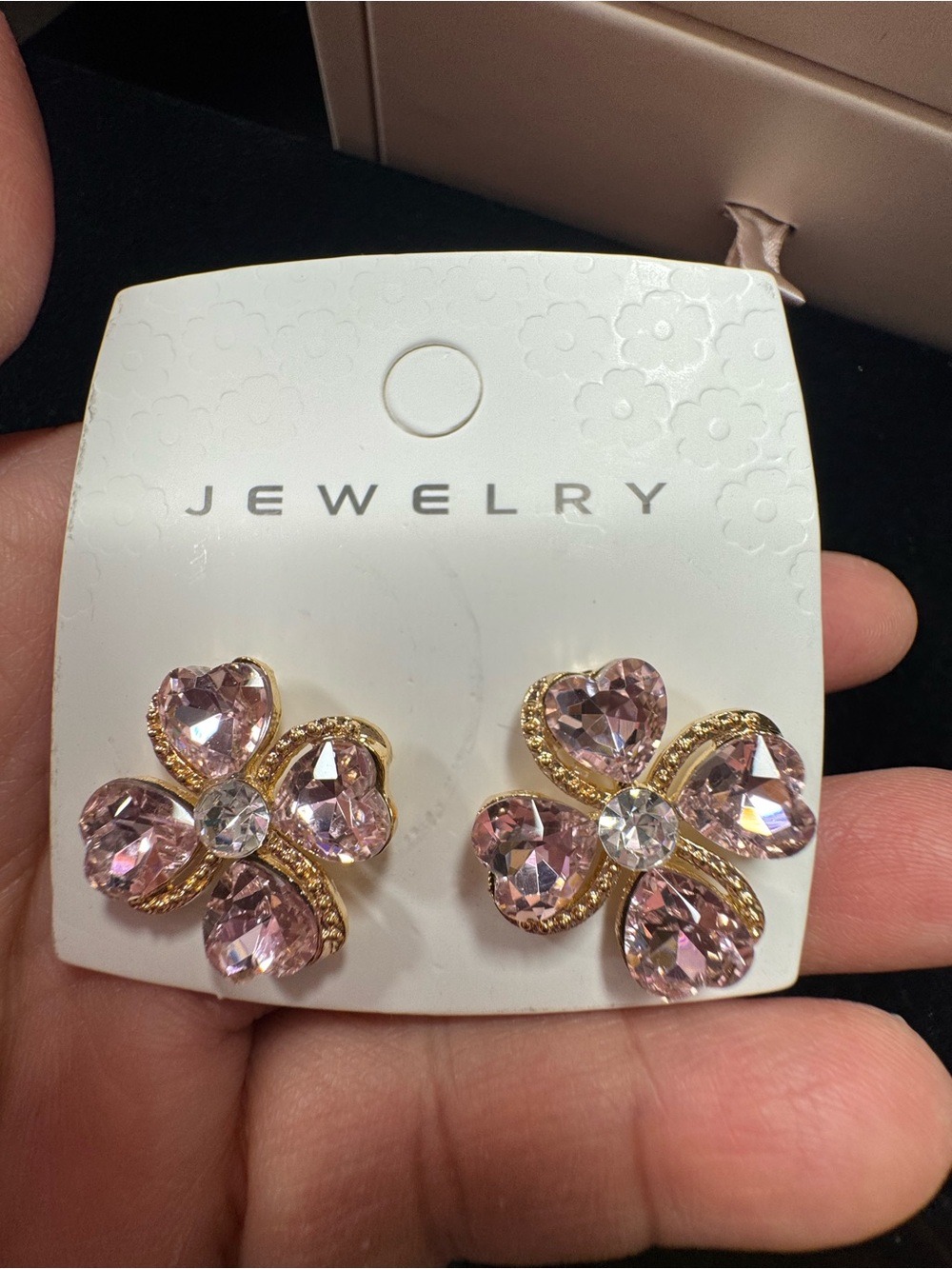 Gold-Tone Pink Crystal Flower Stud Earrings -